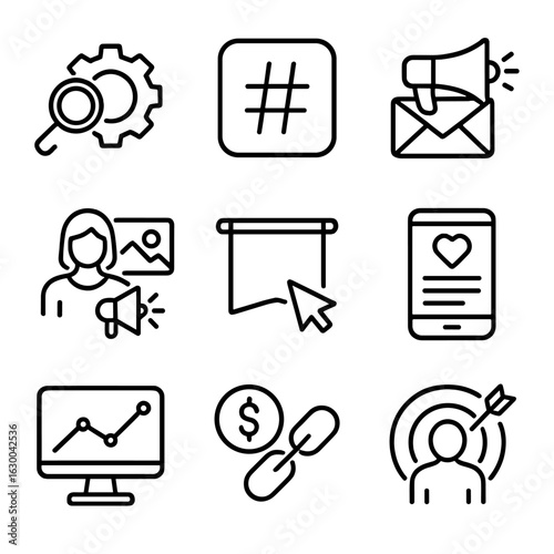 Content Creator Icons. Outline icon set of content creator marketing: SEO, hashtag, email campaign, influencer, ad banner,