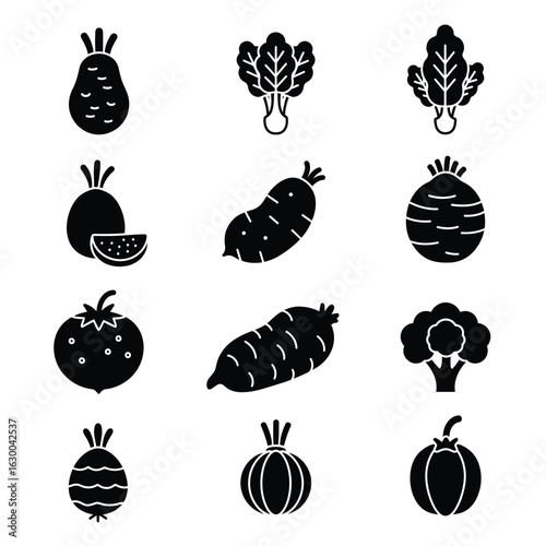 Collection of various vegetable icons isolated on white background, representing a diverse range of healthy and nutritious food options
