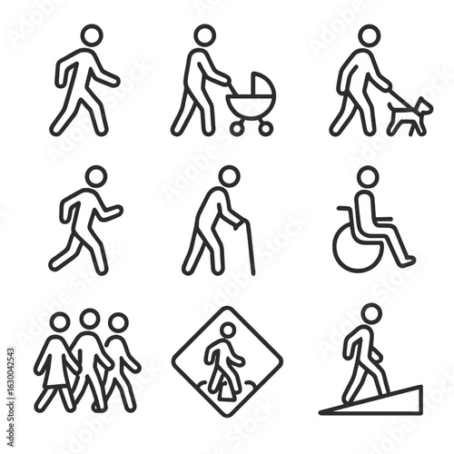 Pedestrian Outline Icons. Outline icon set of pedestrian features: walking person, baby stroller, dog walker, jogger, cane user,