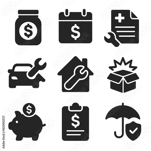 Financial Planning Icons. Solid, filled icons set of emergency fund planning: savings jar, calendar, medical