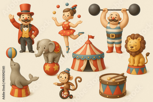 Vintage Circus Icons Set – Simple 3D Cartoon Style with Retro Big Top Charm