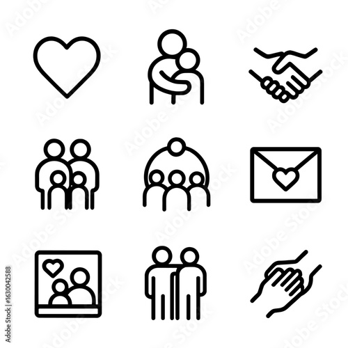 Emotional Bonds Icons. Outline icon set of emotional bonds: heart, hug, linked hands, family group, friendship circle, love letter