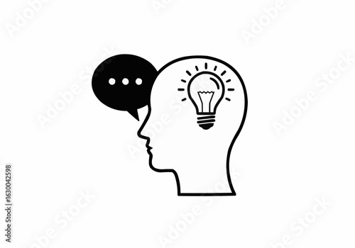 Outline of a head in profile with a lightbulb inside and a speech bubble with dots next to it