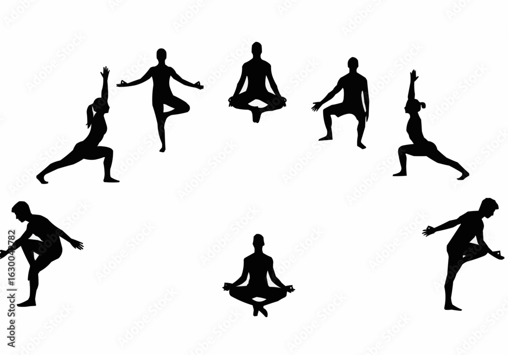 Obraz premium Silhouette yoga poses arranged in a circle on a white background showcasing balance and flexibility