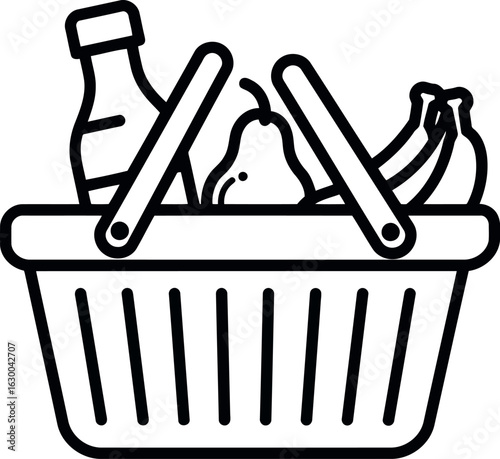 Grocery shopping basket with food items line art icon