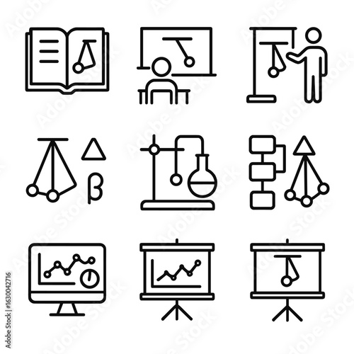 Pendulum Physics Icons. Outline icon set of pendulum swing educational icons: physics textbook, classroom setup, student