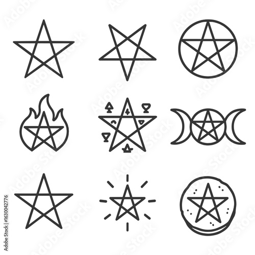 Pentagram Icon Set. Outline icon set of pentagram symbols: upright pentagram, inverted pentagram, pentagram in circle, flaming