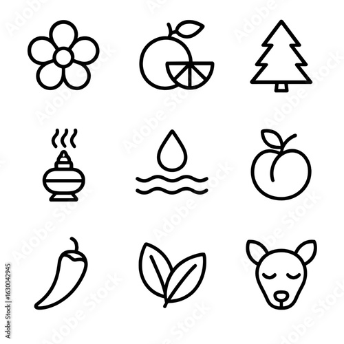 Perfume Scent Icon Set. Outline icon set of perfume scent families: floral, citrus, woody, oriental, aquatic, fruity, spicy, green