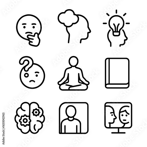 Emotional Reflection Icons. Outline icon set of emotional reflection: thoughtful face, mind bubble, light bulb idea, question mark