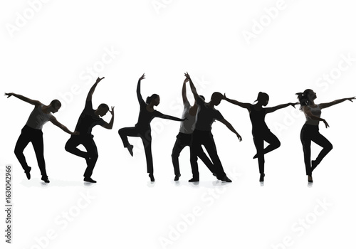 Silhouette of a group of dancers in various poses against a white background showing their artistic movement