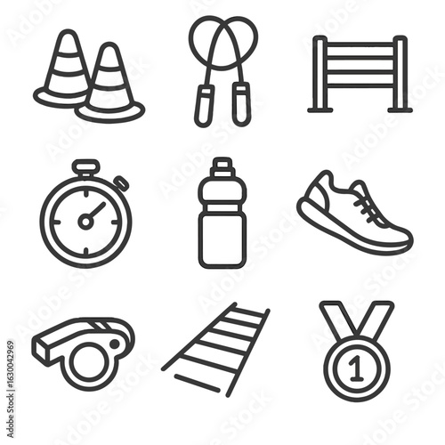Fitness Icon Set. Outline icon set of beginner fitness obstacle courses: cones, jump rope, low wall, timer,