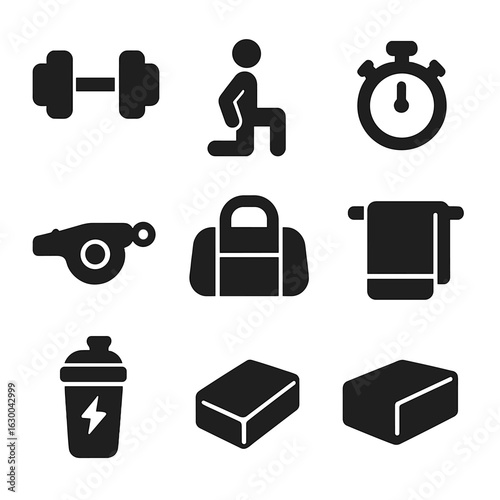 Fitness Icon Set. Solid, filled icons set of personal fitness training: dumbbells, lunges, stopwatch, heart