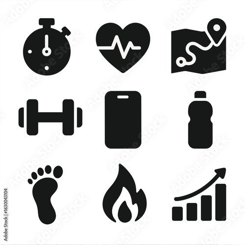Fitness App Icons. Solid, filled icons set of Interactive exercise apps: workout timer, heart rate, running