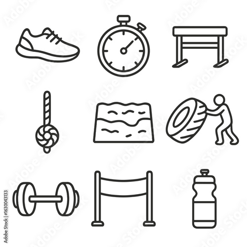 Fitness Challenge Icons. Outline icon set of fitness challenges and obstacle courses: running shoe, stopwatch,