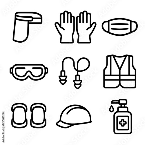 Personal Protection Icons. Outline icon set of personal protection gear: face shield, gloves, mask, goggles, ear plugs, safety