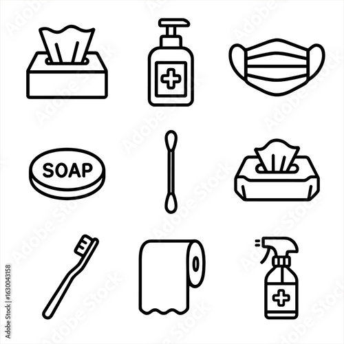 Personal Hygiene Icons. Outline icon set of personal hygiene: tissue box, hand sanitizer, face mask, soap bar, cotton swab, wet