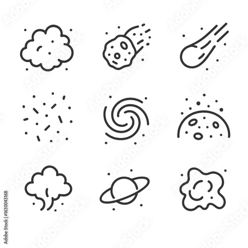 Cosmic Dust Icon Set. Outline icon set of cosmic dust: space dust cloud, asteroid dust, comet dust tail, dust particles in space,