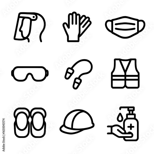 Personal Protection Icons. Outline icon set of personal protection gear: face shield, gloves, mask, goggles, ear plugs, safety