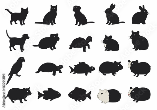 Collection of animal silhouettes including cats dogs rabbits turtles fish and guinea pigs shown