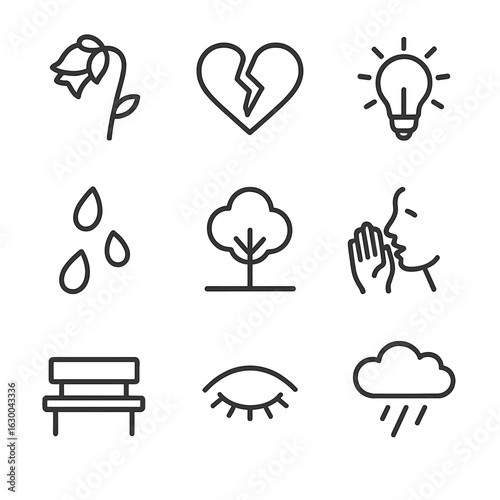 Emotions Icon Set. Outline icon set of sorrowful emotions: wilted rose, broken heart, fading light, falling petals, lonely tree,
