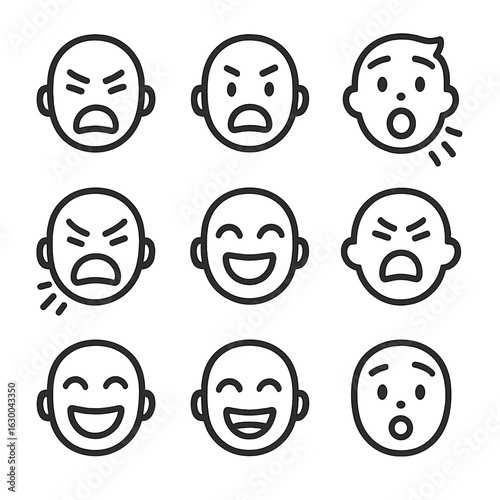 Emotive Icon Set. Outline icon set of shout in emotions: anger, frustration, excitement, surprise, rage, joy, frustration release,