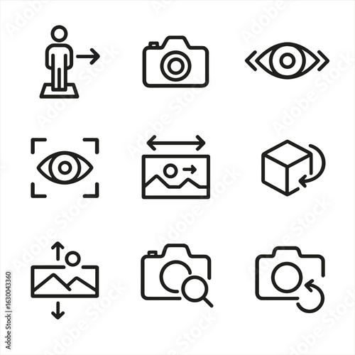 Perspective Shift Icons. Outline icon set of perspective shifts: viewpoint change, camera shift, eye movement, focal shift, angle