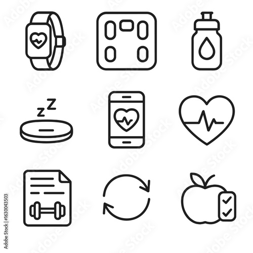 Fitness Tech Icon Set. Outline icon set of fitness and wellness tech: activity tracker, smart scale, hydration