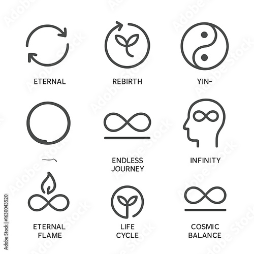 Philosophical Icon Collection. Outline icon set of philosophical infinity ideas: eternal cycle, rebirth, yin-yang, zen circle,