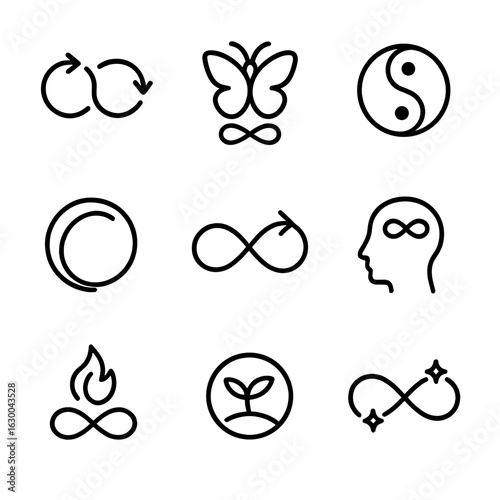 Philosophical Icon Collection. Outline icon set of philosophical infinity ideas: eternal cycle, rebirth, yin-yang, zen circle,