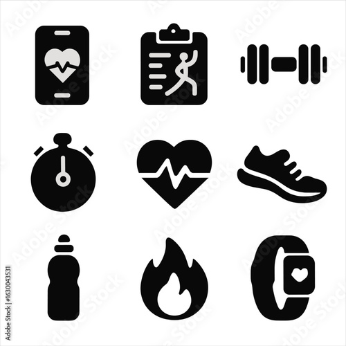 Fitness Tools Icons. Solid, filled icons set of Fitness motivation tools: smartphone app, workout plan,