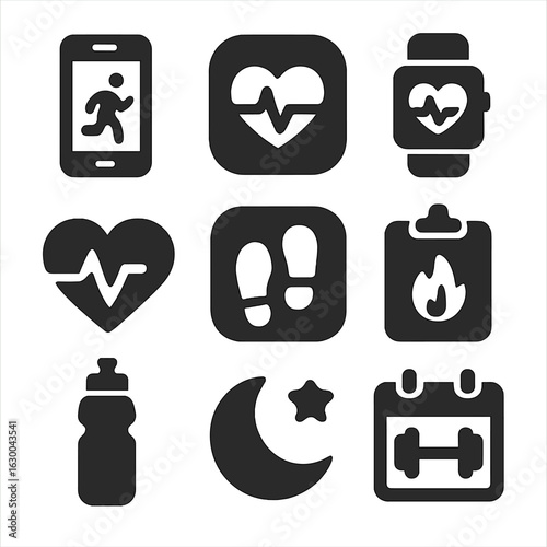 Fitness Tracking Icons. Solid, filled icons set of fitness tracking and apps: smartphone, fitness app,