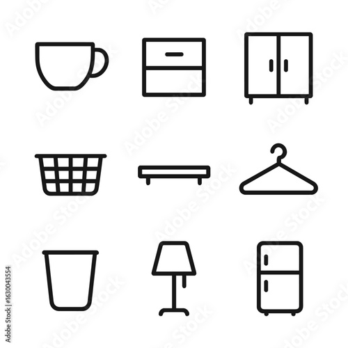 Empty Household Icons. Outline icon set of empty household objects: empty cup, empty drawer, empty closet, empty refrigerator,