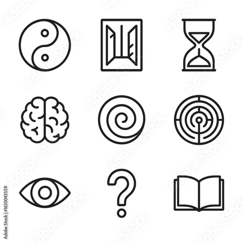 Philosophical Icon Set. Outline icon set of philosophical reflection: yin yang, mirror maze, hourglass, brain, spiral, labyrinth,