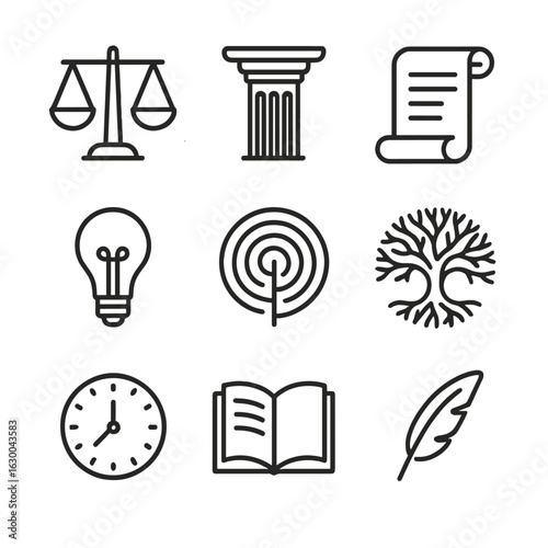Philosophical Icon Set. Outline icon set of philosophical transcendence: scales, ancient column, scroll, light bulb, labyrinth,