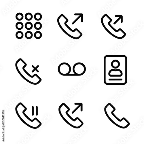 Phone Call Icon Set. Outline icon set of phone call functions: dial pad, incoming call, outgoing call, missed call, voicemail,