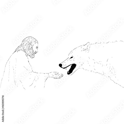 Jesus christ offering hand to wolf drawing religious biblical illustration faith and spirituality artwork