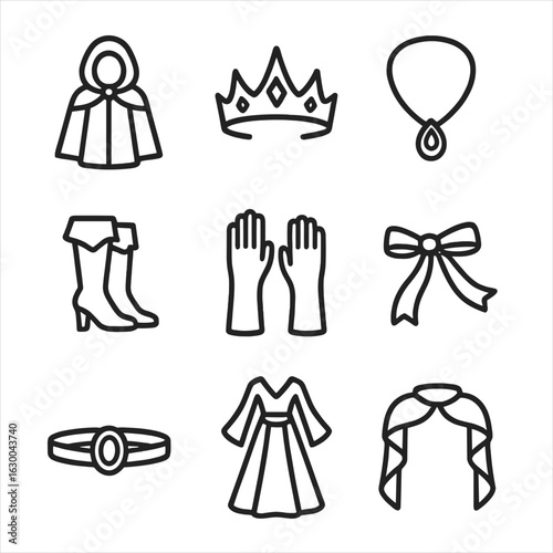 Enchantress Attire Icons. Outline icon set of enchantress attire: cloak, crown, jewelry, boots, gloves, sash, belt, flowing dress,