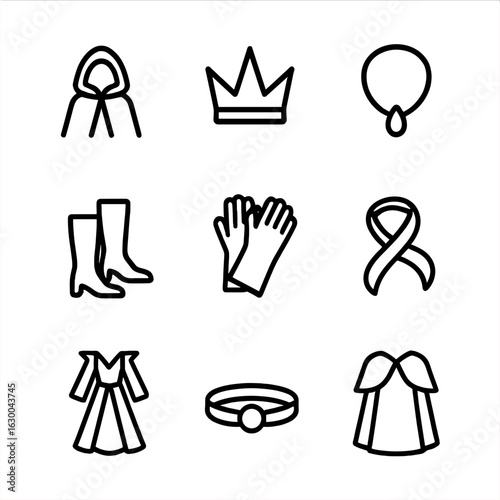 Enchantress Attire Icons. Outline icon set of enchantress attire: cloak, crown, jewelry, boots, gloves, sash, belt, flowing dress,