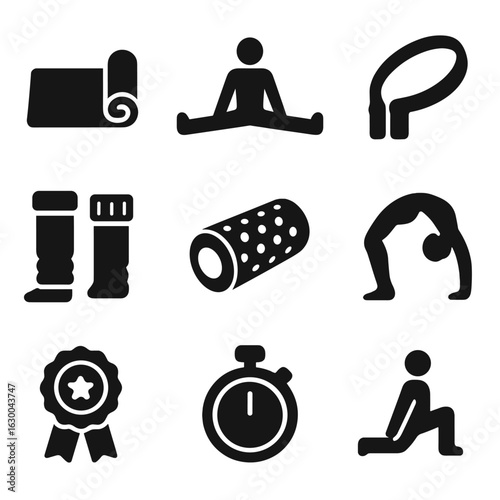 Flexibility Training Icons. Solid, filled icons set of warm-up and flexibility training: yoga mat, split