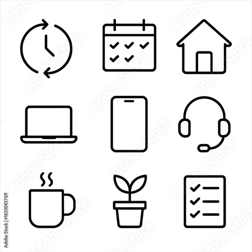 Flexible Work Icons. Outline icon set of Flexible working hours: clock with arrows, calendar with checkmarks,