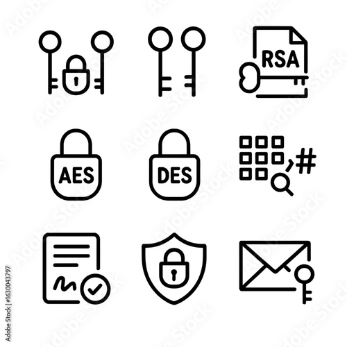 Encryption Icon Set. Outline icon set of encryption types: symmetric key, asymmetric key, RSA, AES, DES, hashing, digital