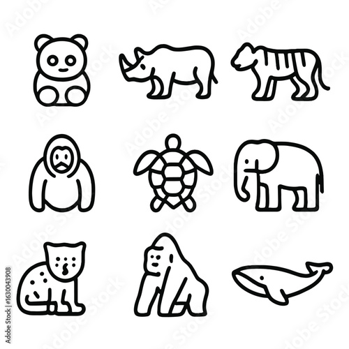 Endangered Animals Icons. Outline icon set of endangered animals: panda, rhinoceros, tiger, orangutan, sea turtle, elephant, snow