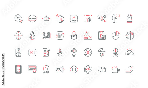 Modern business strategy icons set includes branding, marketing, finance, leadership, analytics concepts presentations, websites, and infographics isolated on white background vector illustration