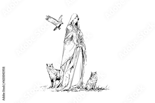 Elegant sorceress with wolves and falcon drawing fantasy art illustration black and white line art sketch