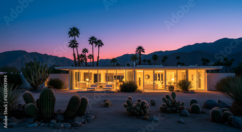 Palm springs architecture california desert house modern home exterior at twilight mountains view