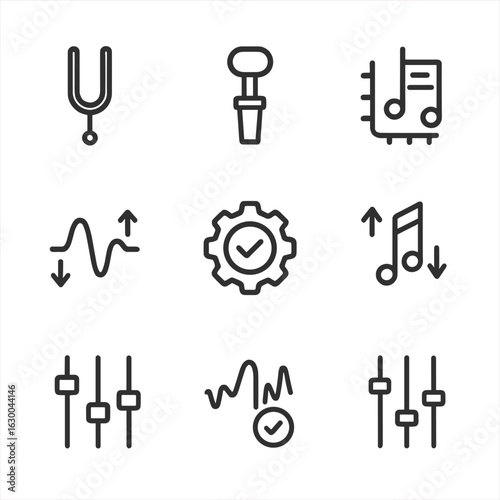 Pitch and Volume Icons. Outline icon set of pitch adjustments: tuning fork, tuning peg, pitch control, pitch modulation, detune,