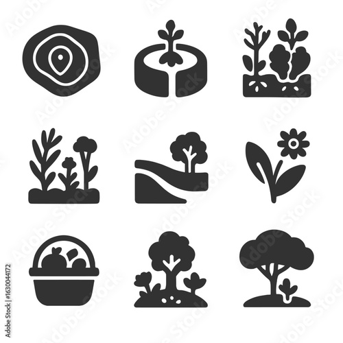 Food Forest Icons. Solid, filled icons set of food forest design: zone map, keyhole garden, mixed-species