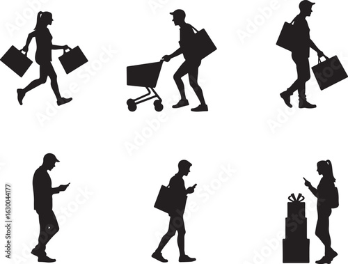 Shoppers carrying bags and using phones in various shopping scenarios