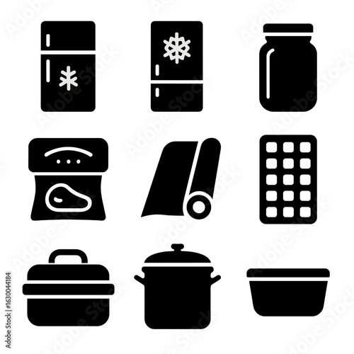 Food Preservation Icons. Solid, filled icons set of food preservation: refrigerator, freezer, mason jar,