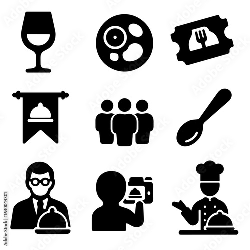 Food Tasting Icons. Solid, filled icons set of food tasting events: tasting glass, sampler plate, food ticket,